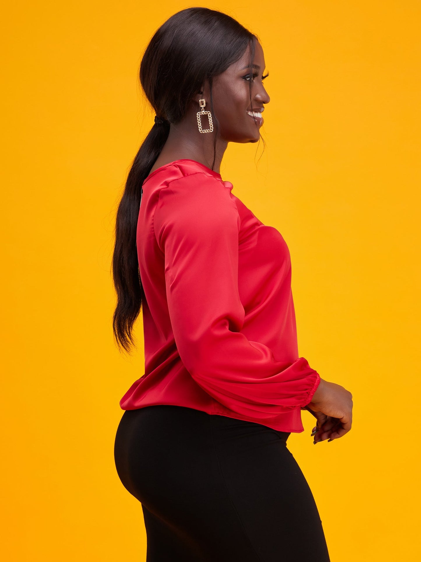 Vivo Basic Satin Bishop Sleeved Top - Red