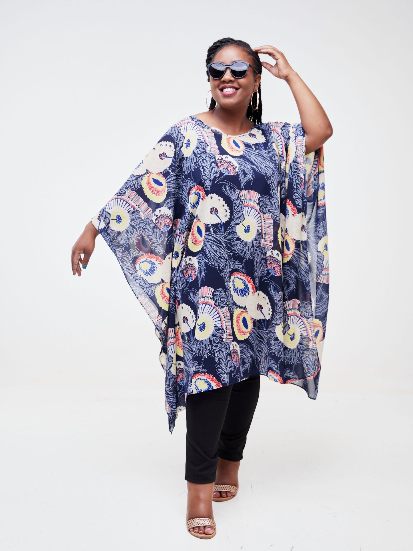 Vivo Basic Destiny Chiffon Top - Taupe / Royal Blue Floral Print