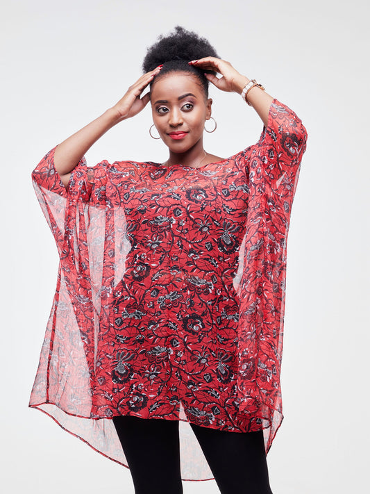 Vivo Basic Liv Chiffon Top - Red / Black Floral Print