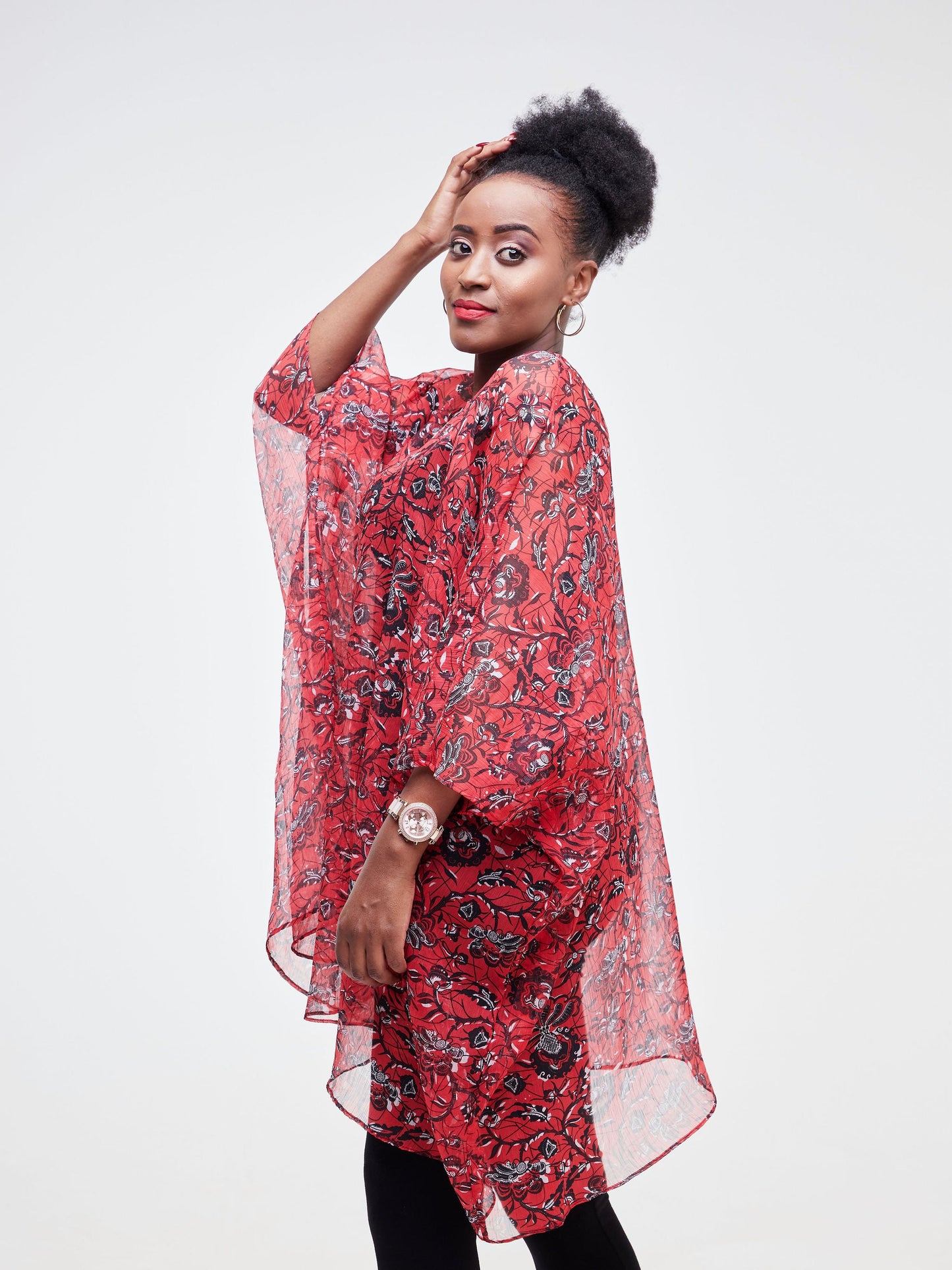 Vivo Basic Liv Chiffon Top - Red / Black Floral Print