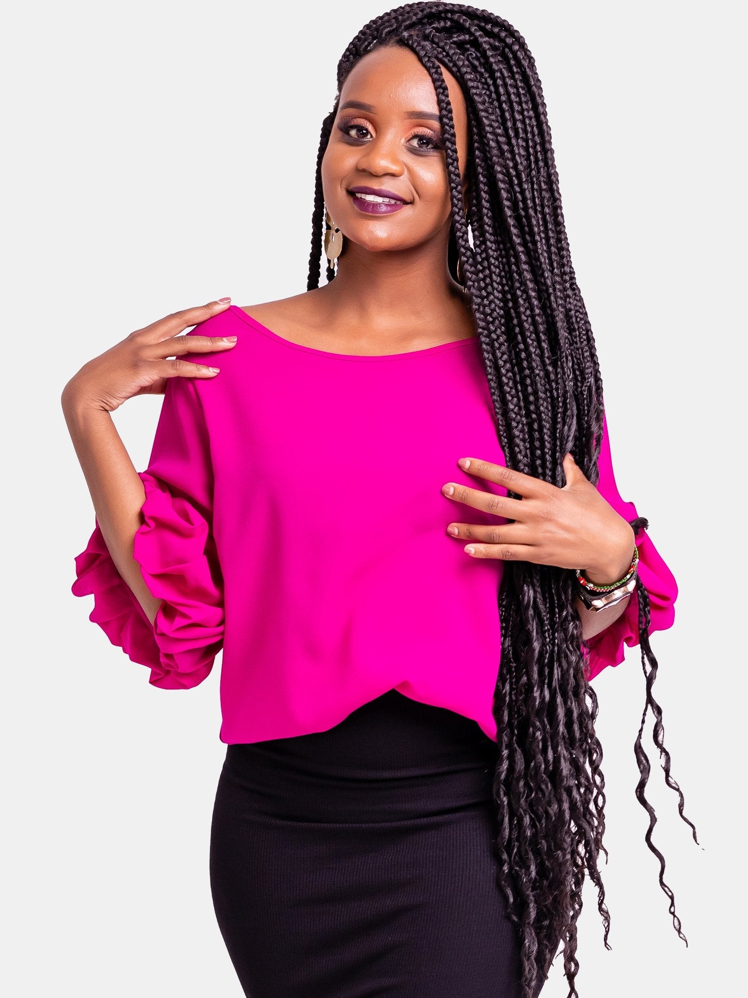 Vivo Boundneck Puff Sleeve Top - Pink - Shop Zetu