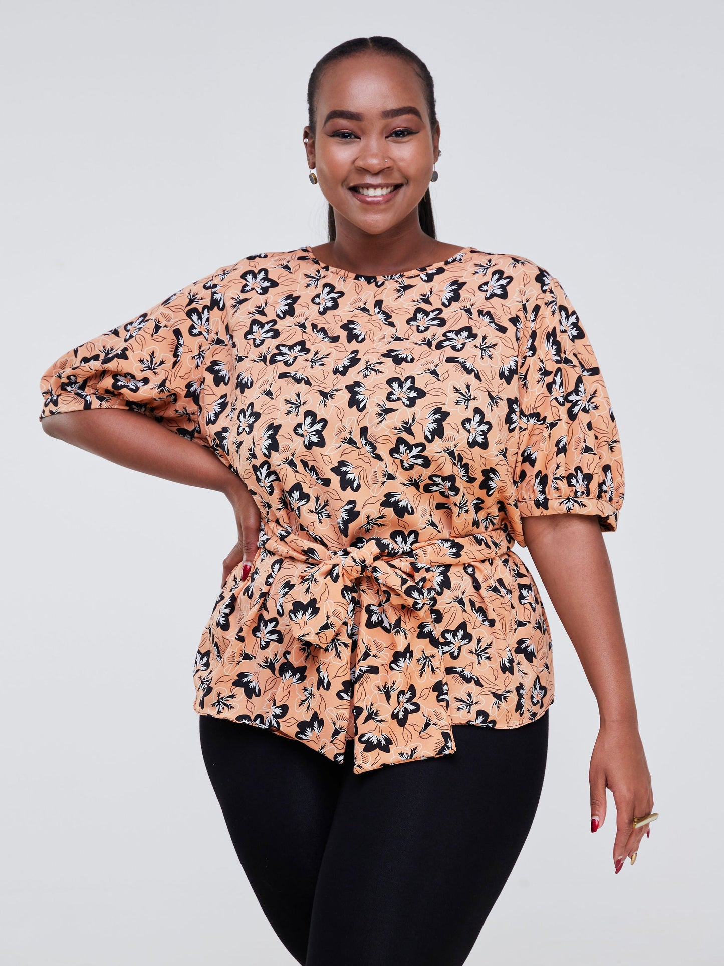 Vivo Wingu Puff Sleeve Top -  Peach / Black Floral Print