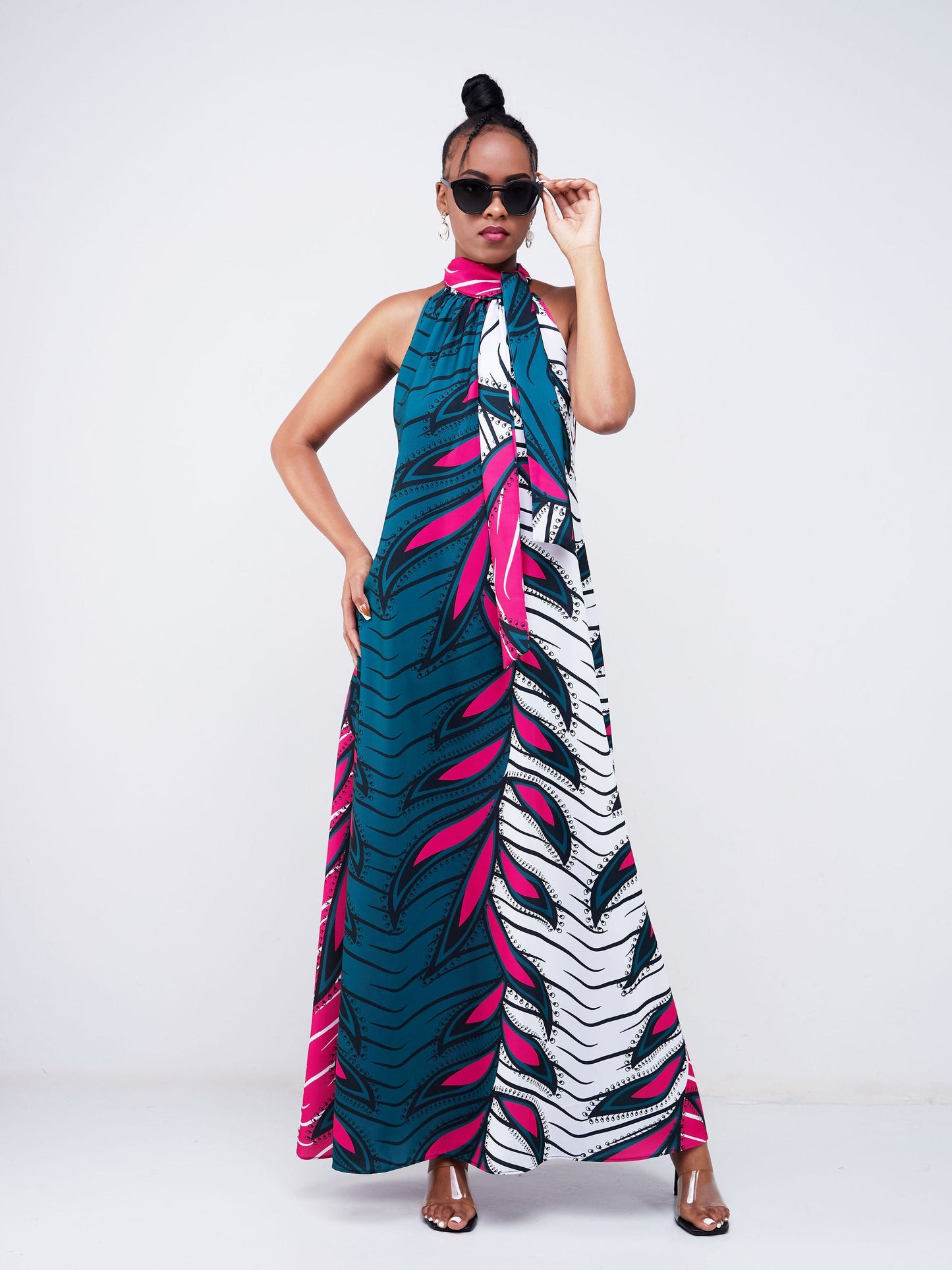 Vivo Jamila Halter Neck Maxi Dress - Pink / Teal Abstract Print