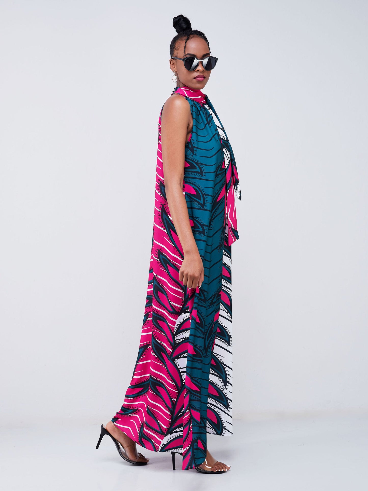 Vivo Jamila Halter Neck Maxi Dress - Pink / Teal Abstract Print