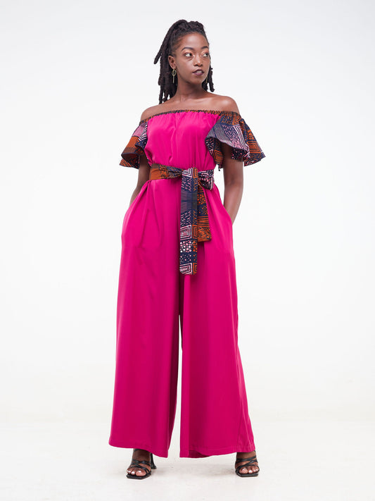 Vivo Fara Off Shoulder Flounce Sleeve Jumpsuit - Pink