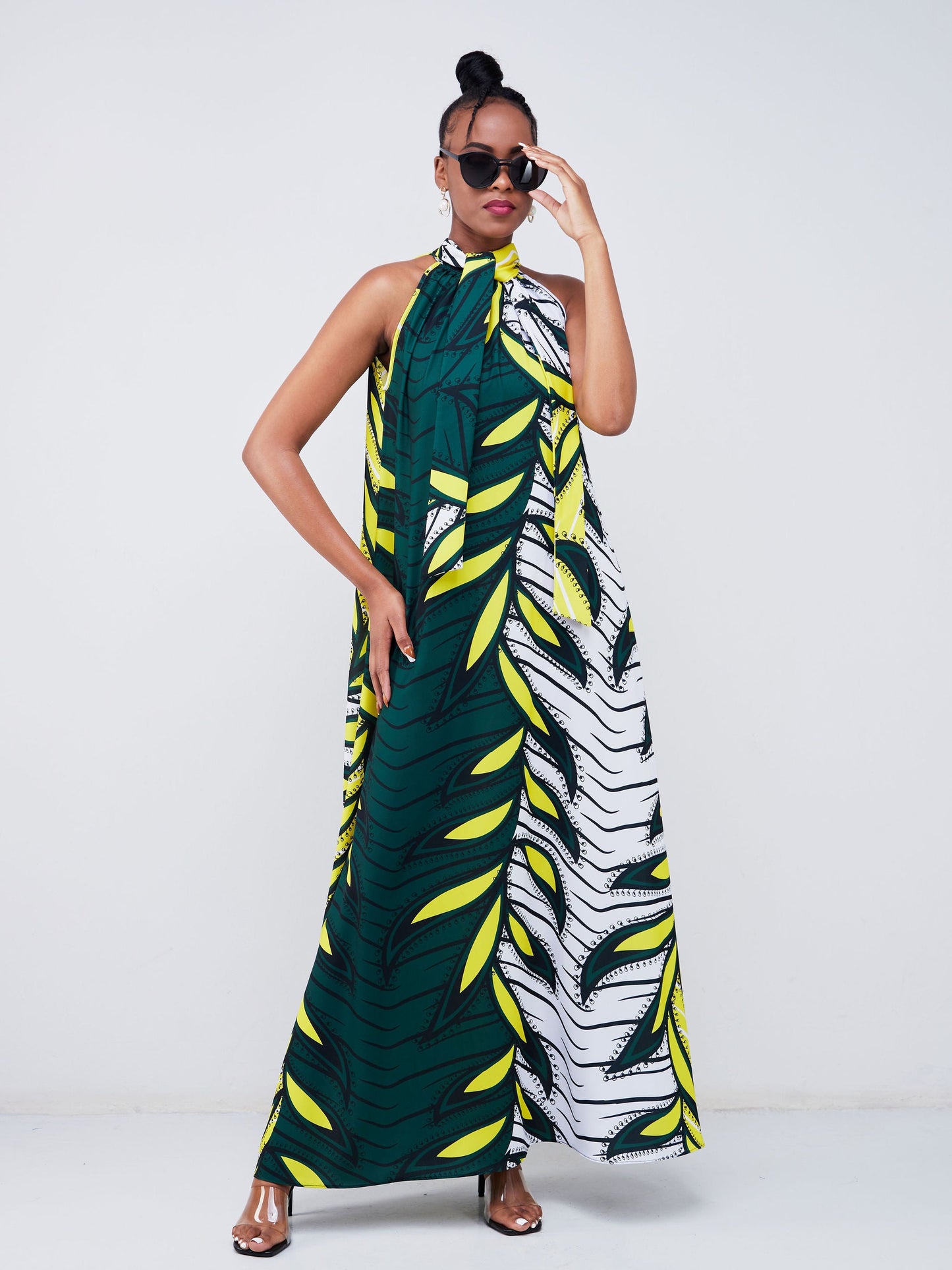 Vivo Jamila Halter Neck Maxi Dress - Emerald Green / Yellow Abstract Print