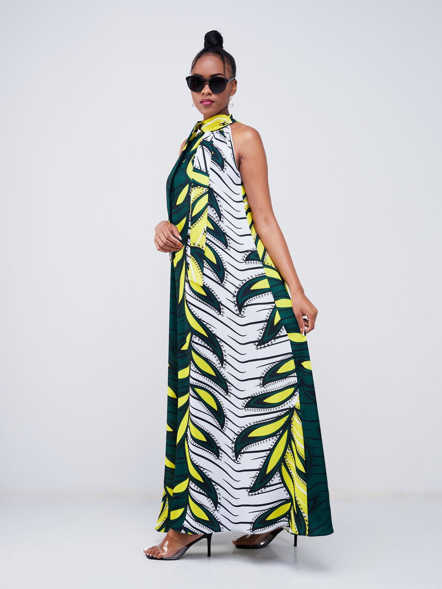 Vivo Jamila Halter Neck Maxi Dress - Emerald Green / Yellow Abstract Print