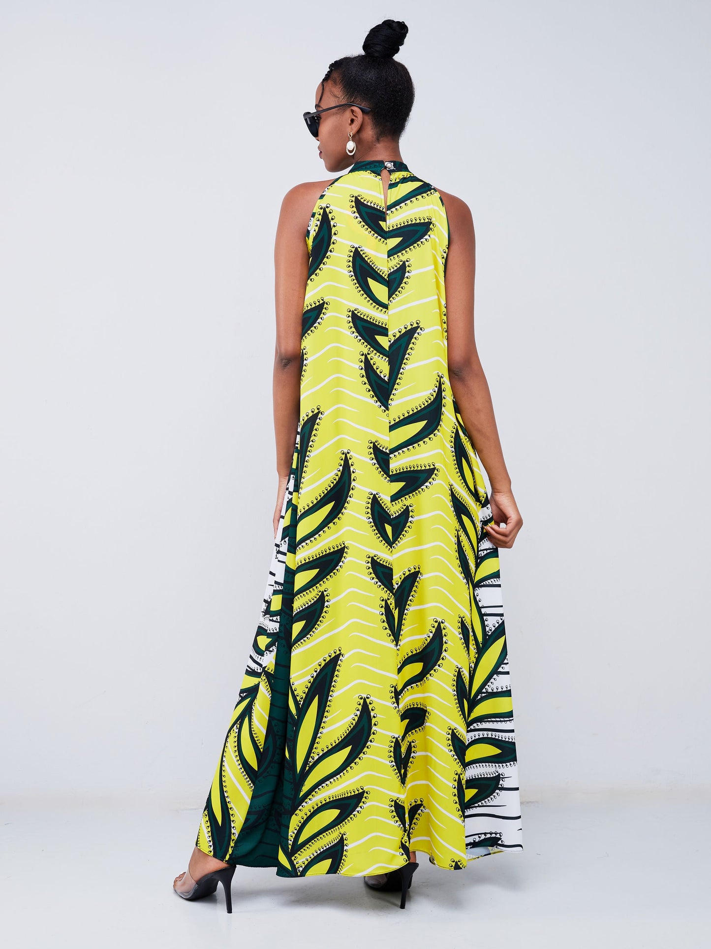 Vivo Jamila Halter Neck Maxi Dress - Emerald Green / Yellow Abstract Print