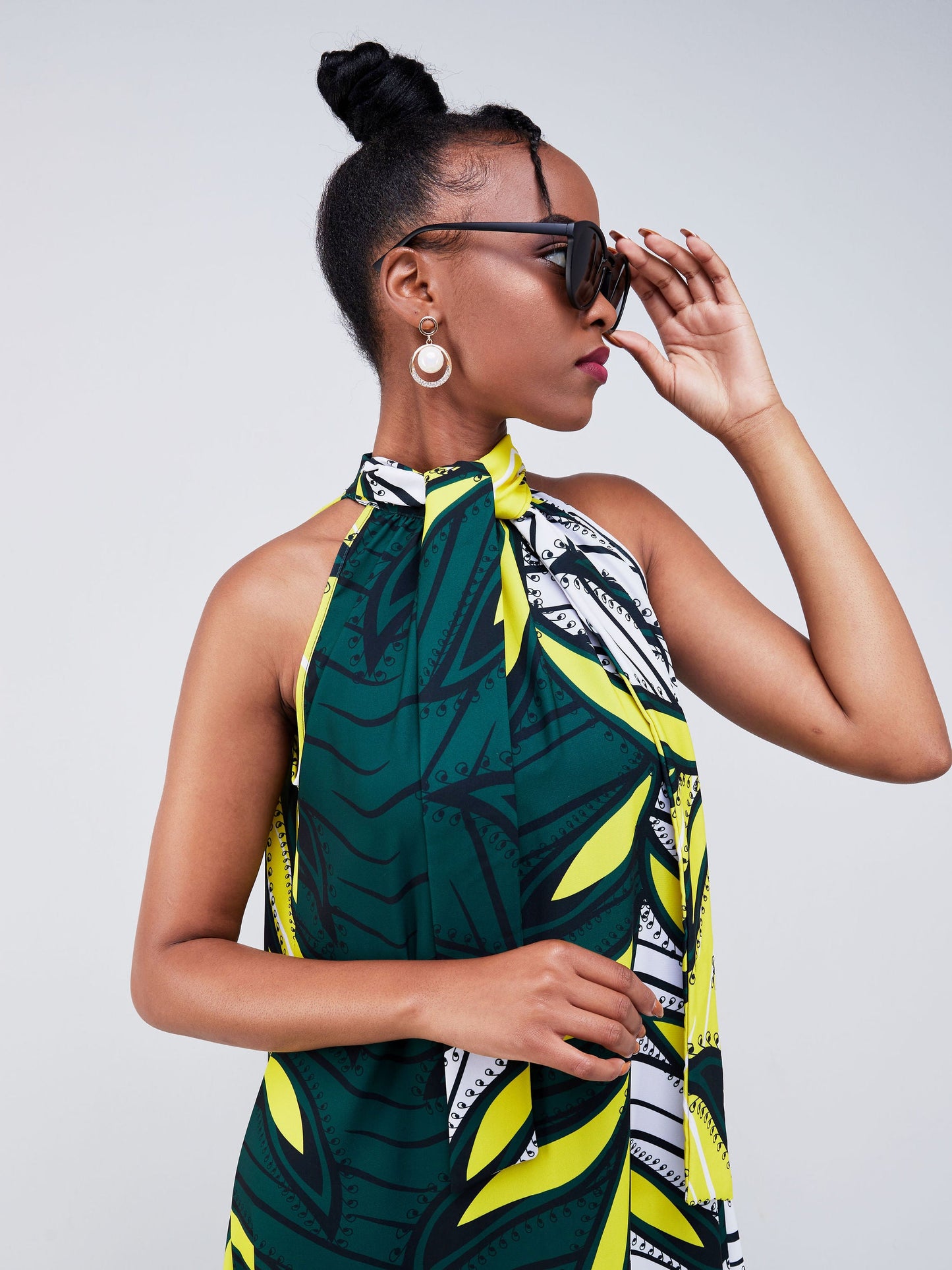 Vivo Jamila Halter Neck Maxi Dress - Emerald Green / Yellow Abstract Print