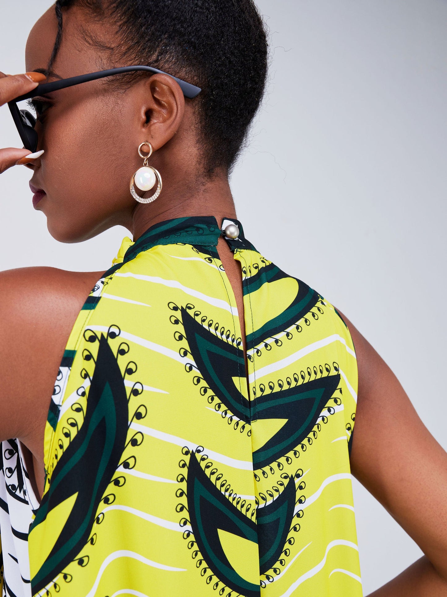 Vivo Jamila Halter Neck Maxi Dress - Emerald Green / Yellow Abstract Print