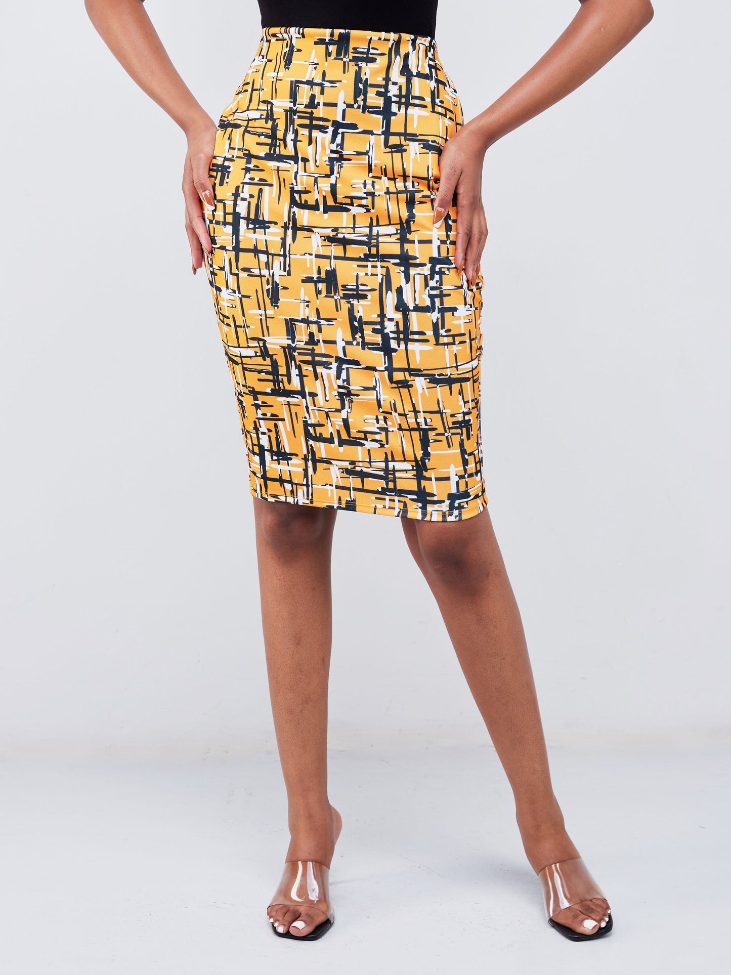 Vivo Imara Pencil Skirt  - Mustard / Black Abstract Print