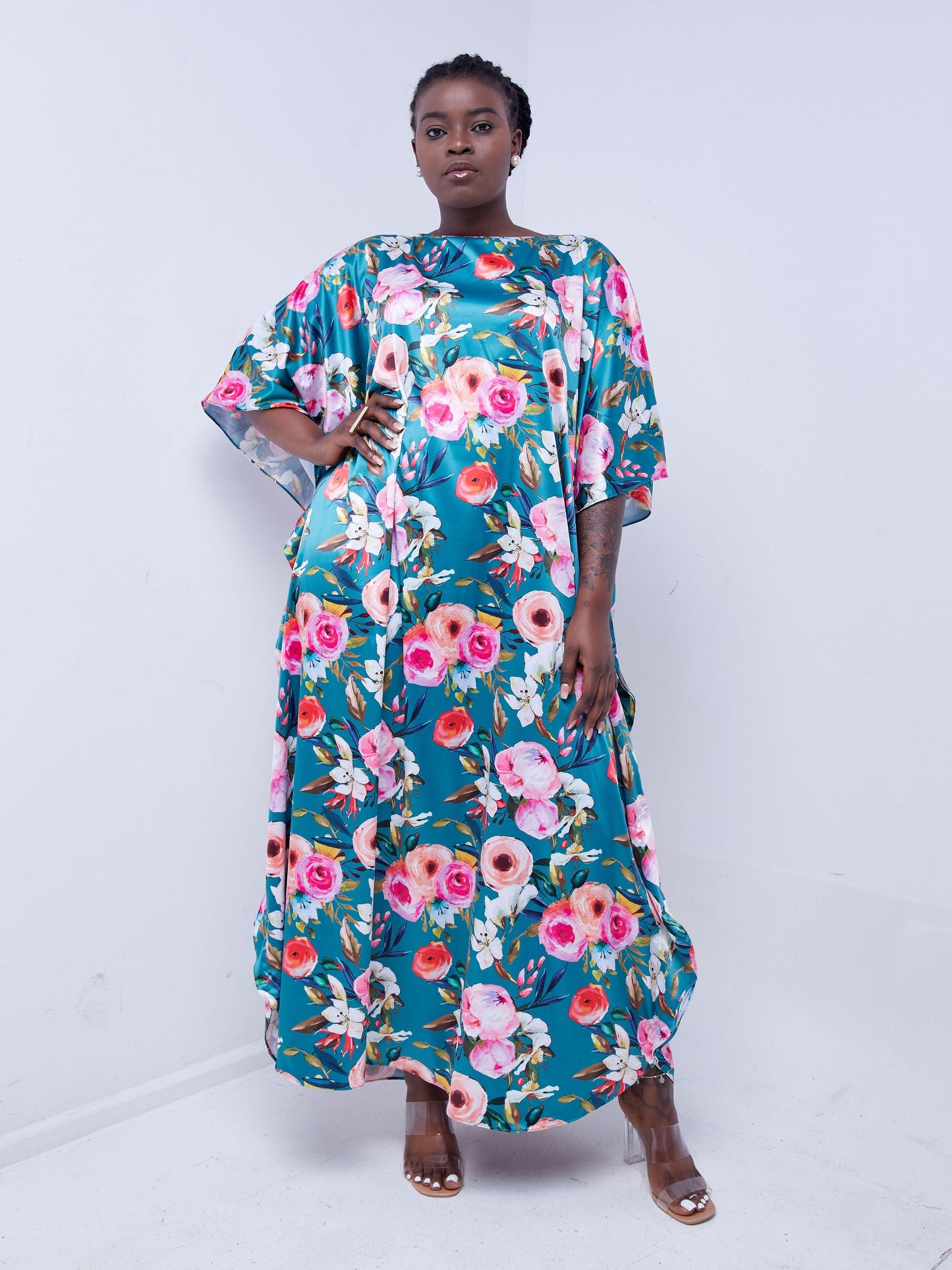 Vivo Thando Wide Kaftan Maxi Dress - Teal / Floral Print