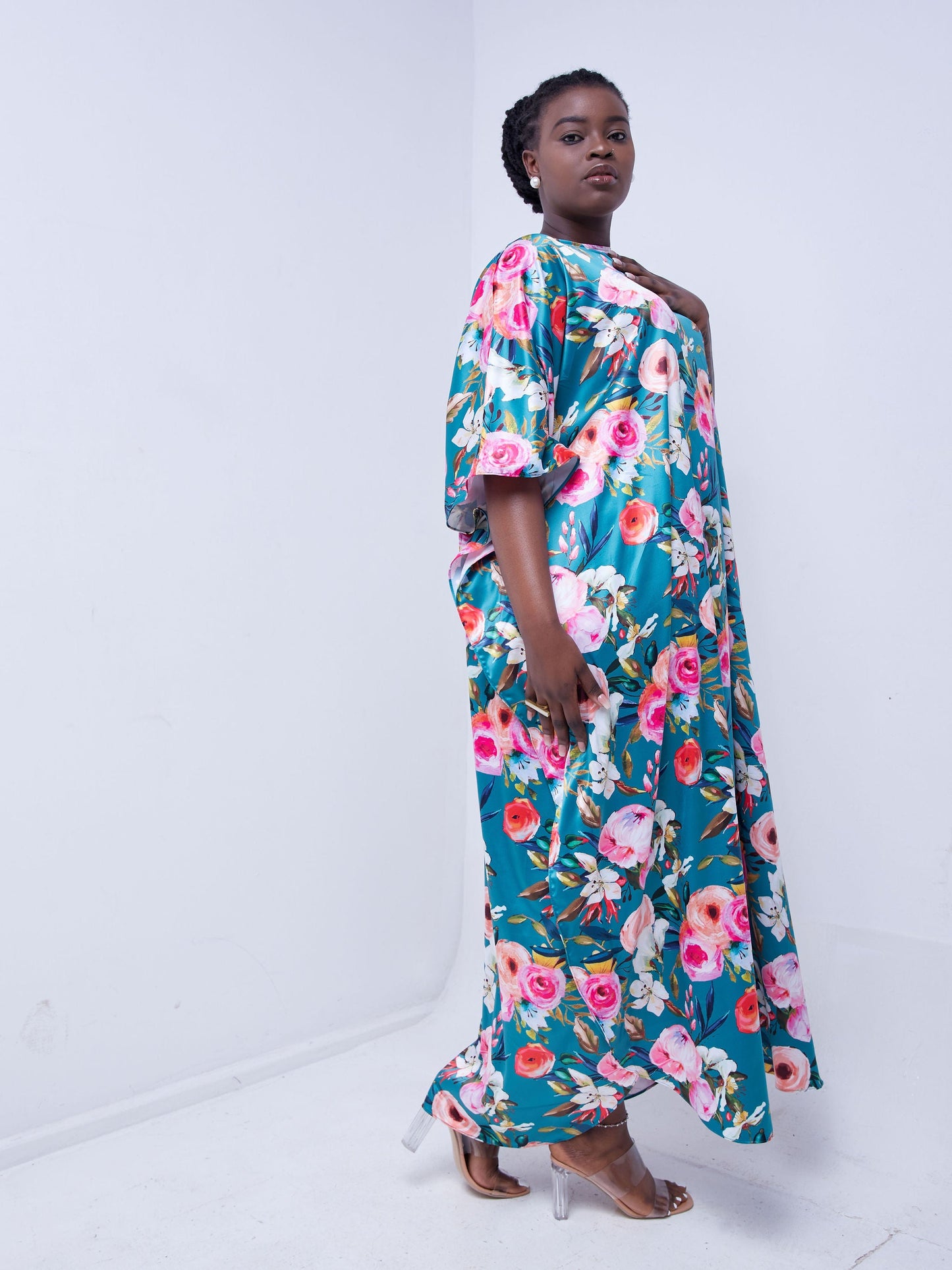 Vivo Thando Wide Kaftan Maxi Dress - Teal / Floral Print