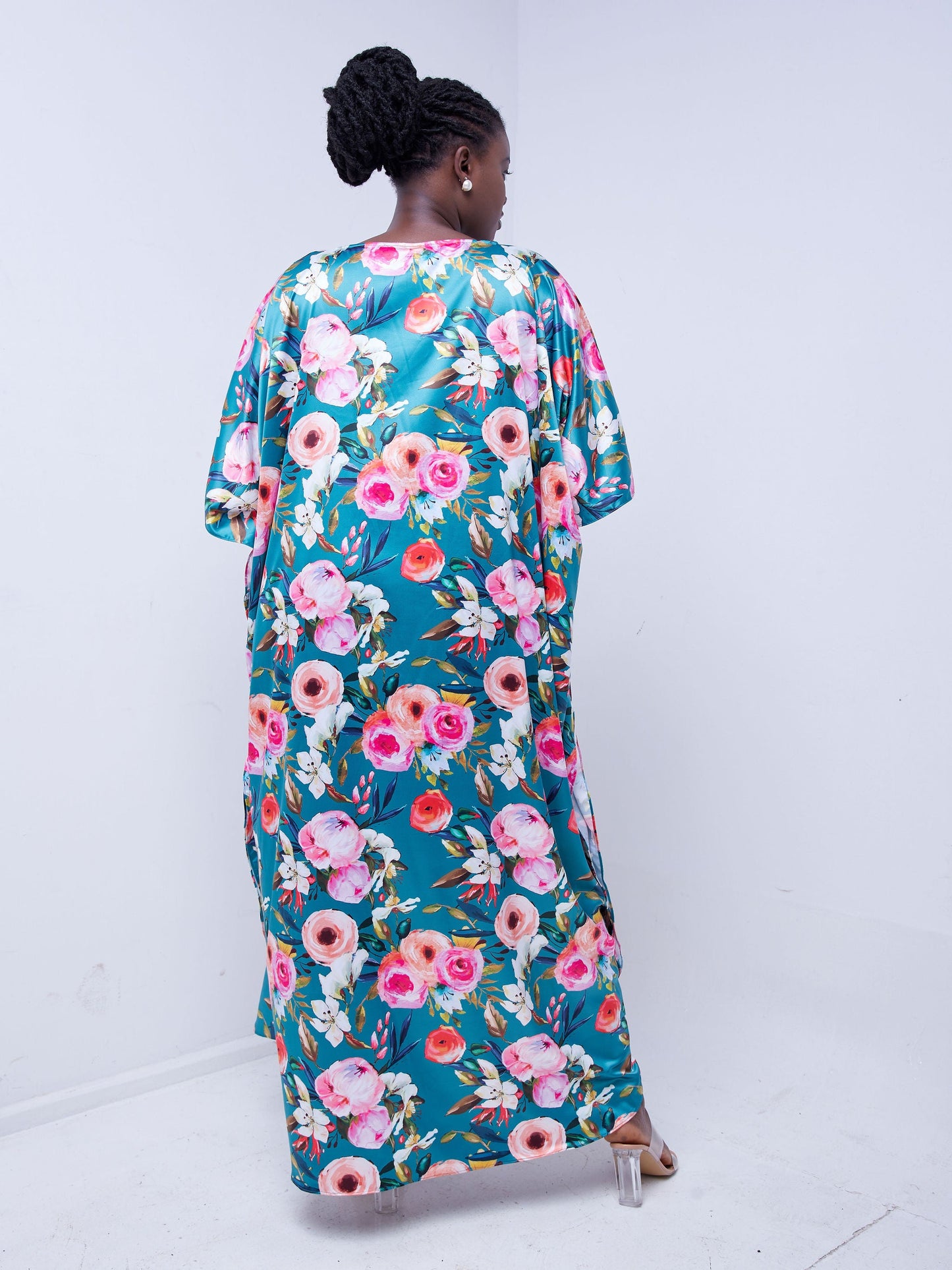 Vivo Thando Wide Kaftan Maxi Dress - Teal / Floral Print