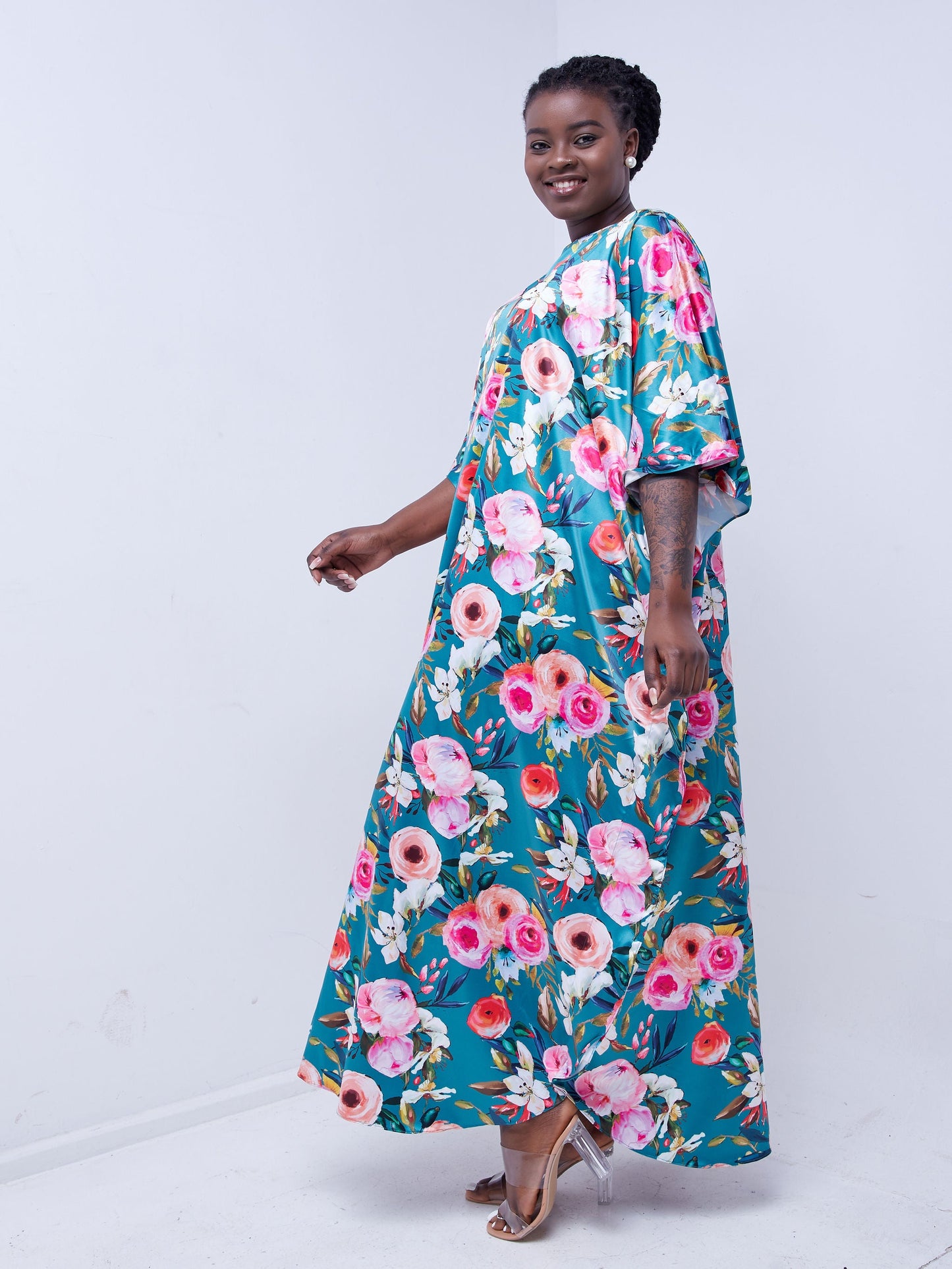 Vivo Thando Wide Kaftan Maxi Dress - Teal / Floral Print