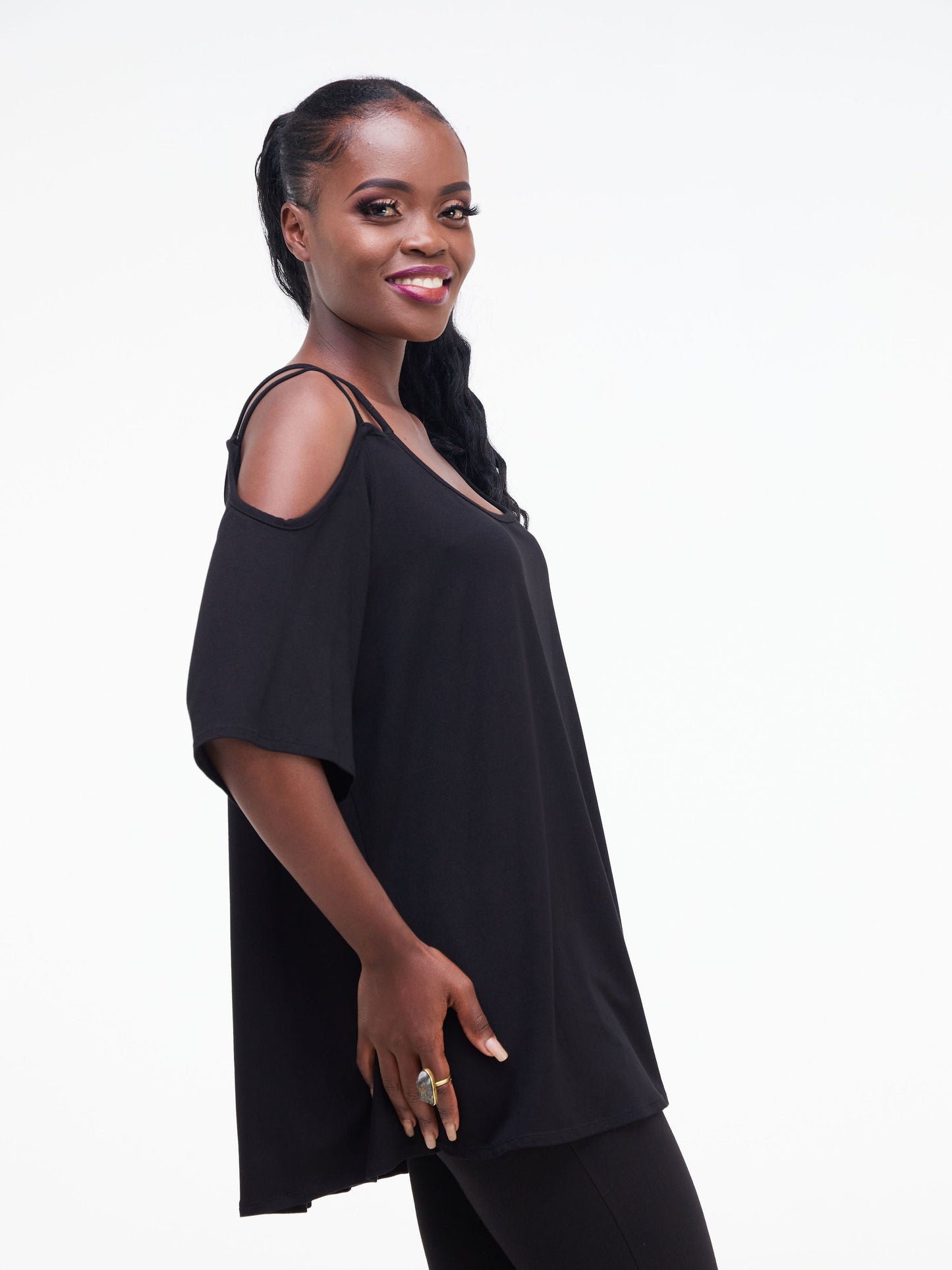 Vivo Lumi Strappy Cold Shoulder Top - Black