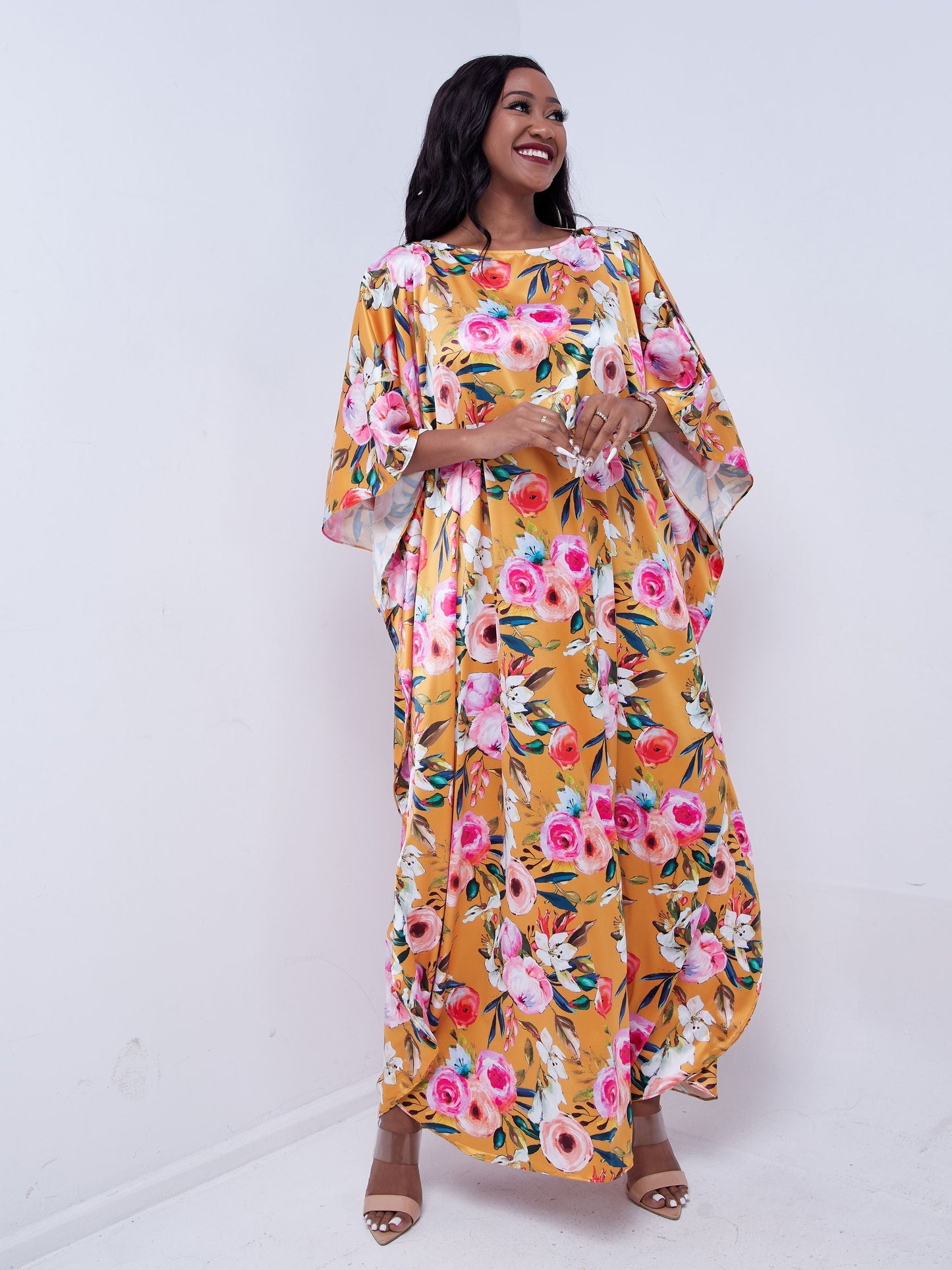 Vivo Thando Wide Kaftan Maxi Dress - Pink / Orange Floral Print