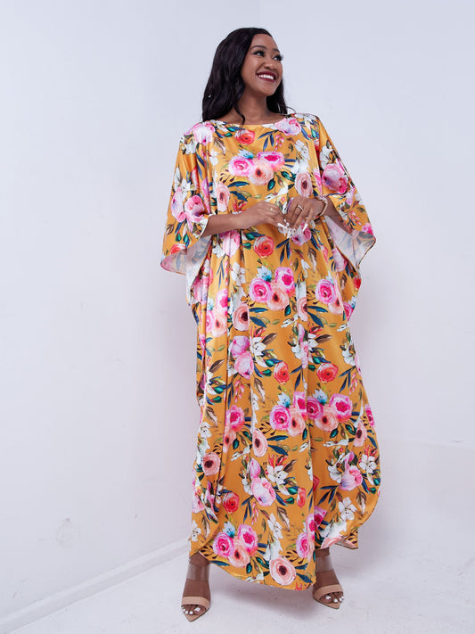 Vivo Thando Wide Kaftan Maxi Dress - Pink / Orange Floral Print