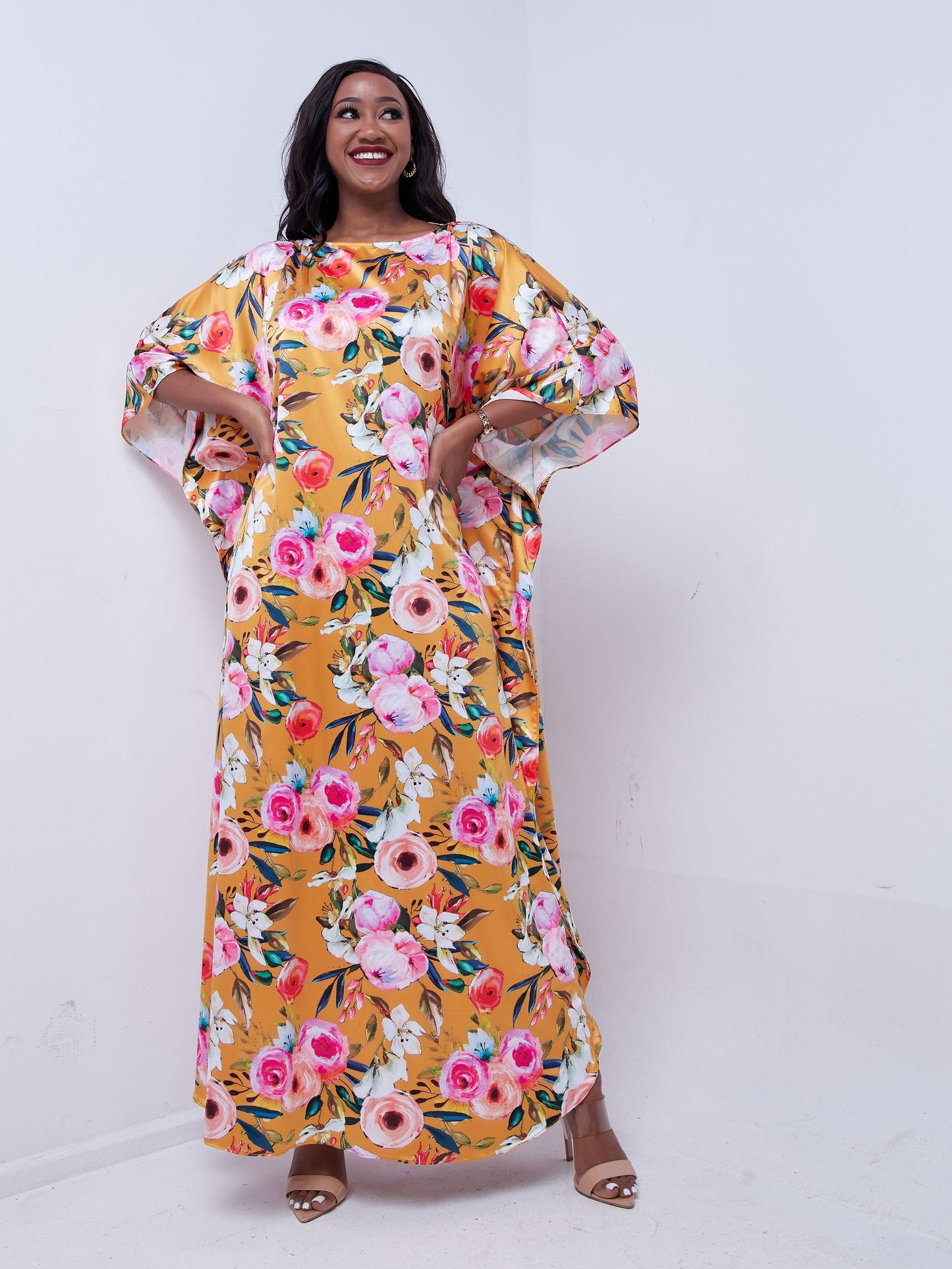 Vivo Thando Wide Kaftan Maxi Dress - Pink / Orange Floral Print