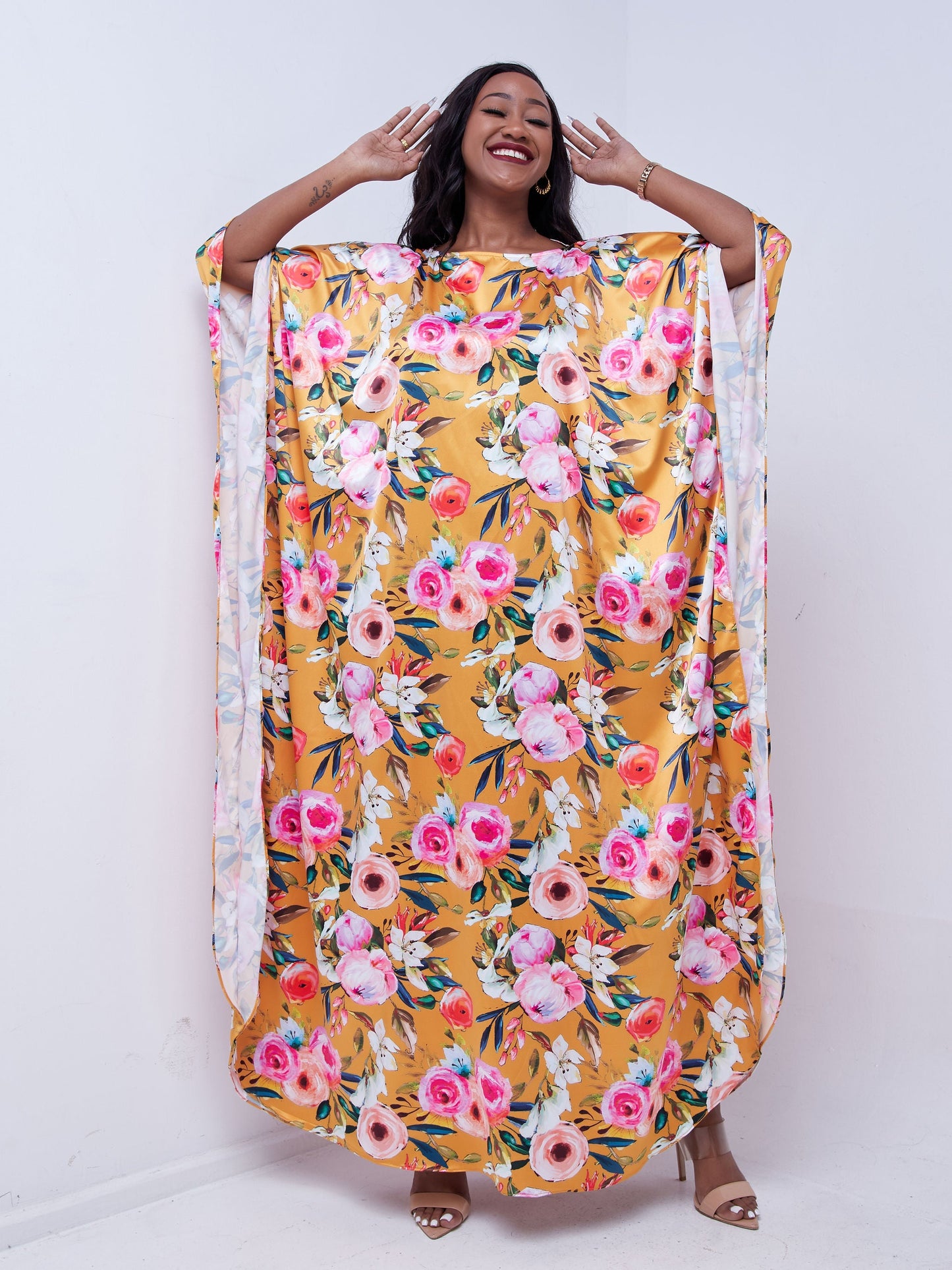 Vivo Thando Wide Kaftan Maxi Dress - Pink / Orange Floral Print
