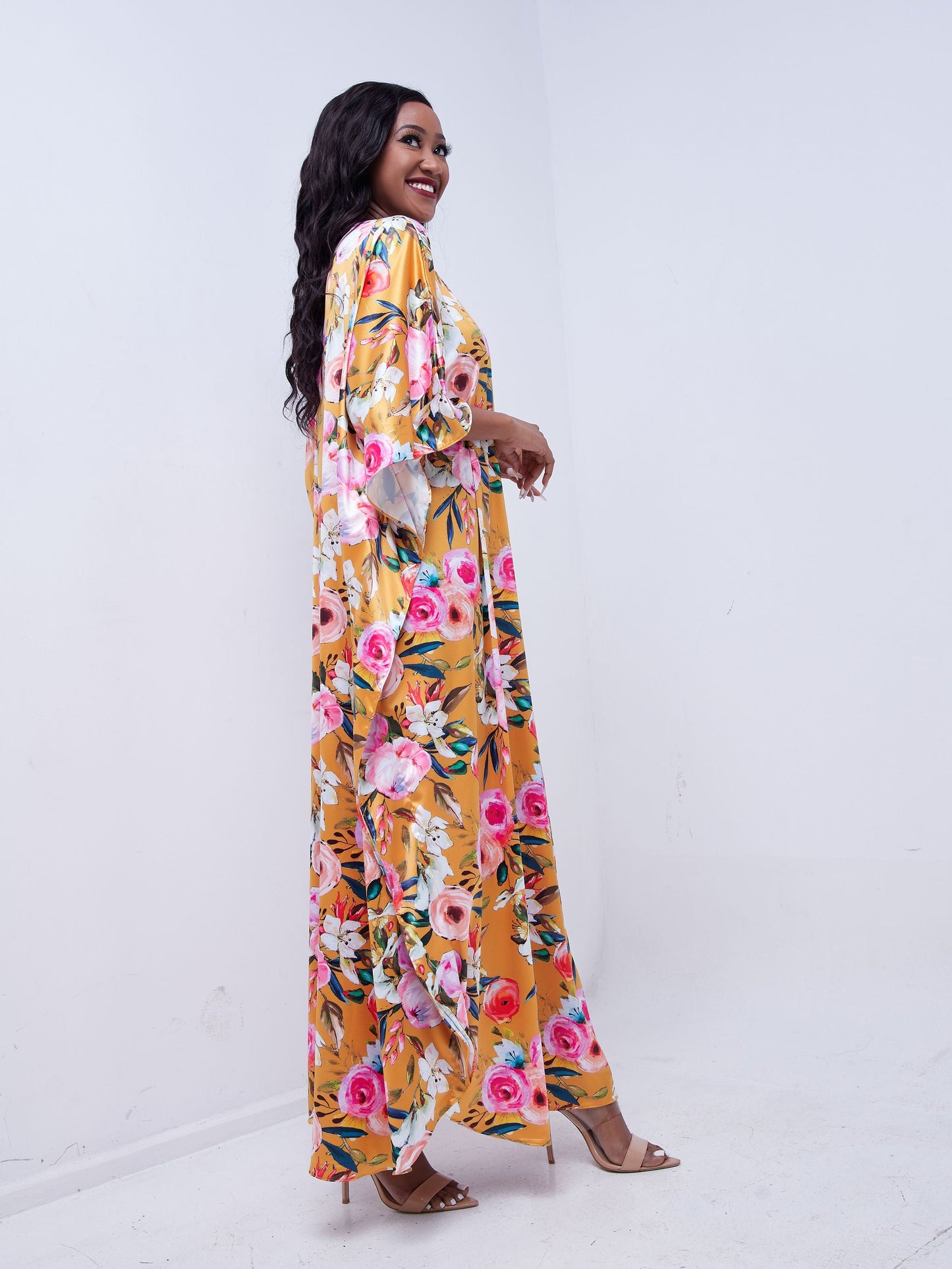 Vivo Thando Wide Kaftan Maxi Dress - Pink / Orange Floral Print