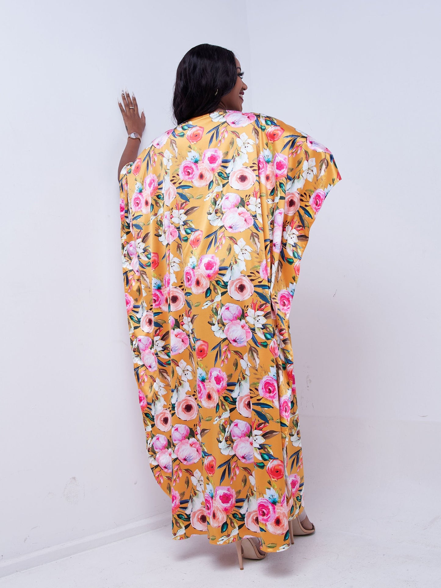 Vivo Thando Wide Kaftan Maxi Dress - Pink / Orange Floral Print