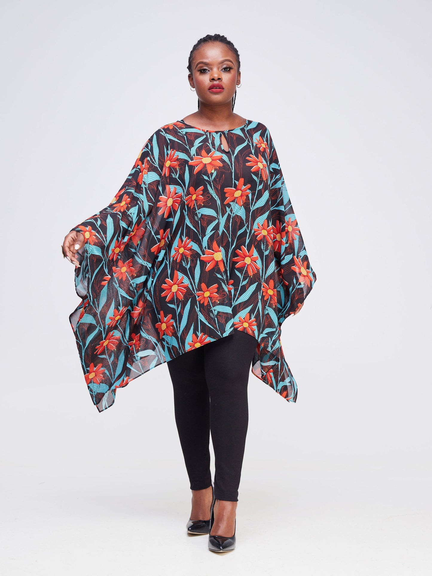 Vivo Sierra Tunic Kaftan Top - Black / Orange Floral Print