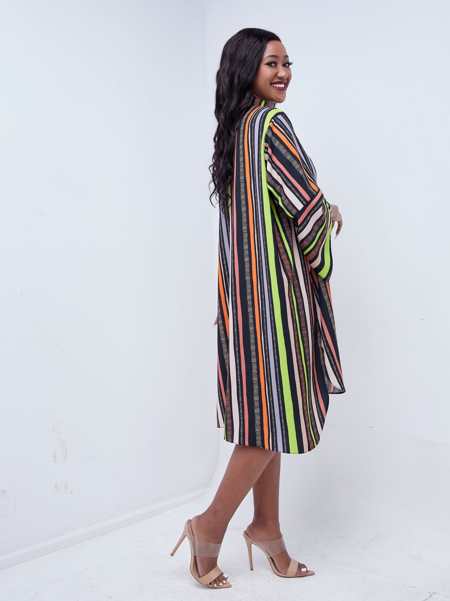 Vivo Mistari 3/4 Flounce Sleeve Mandarin Collared High Low Dress - Lime Green / Orange Print