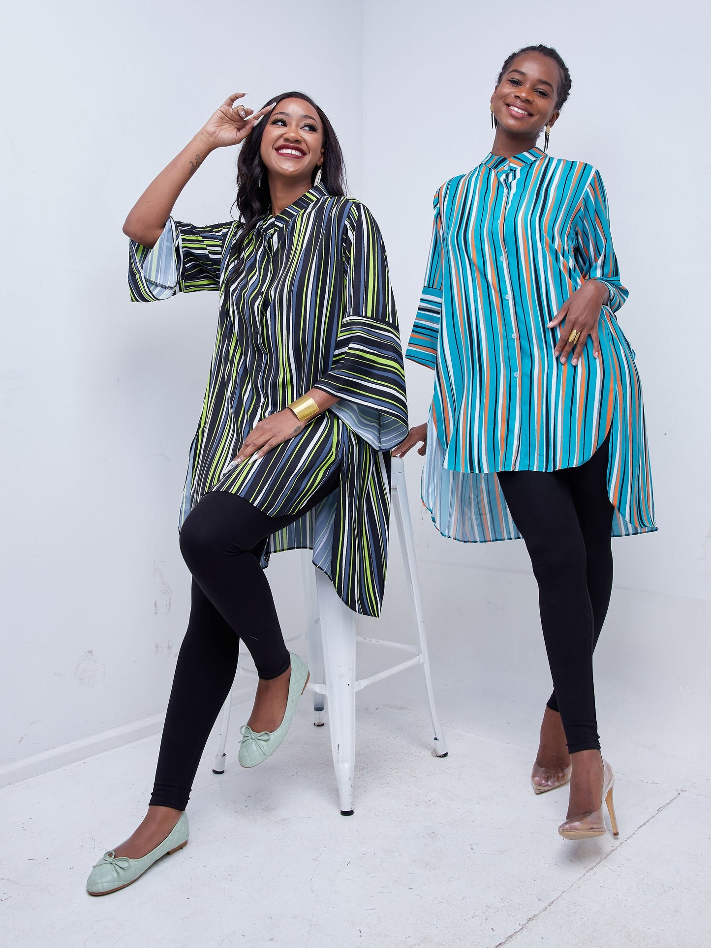 Vivo Mistari 3/4 Flounce Sleeve High Low Tunic Top - Lime Green / Grey Print