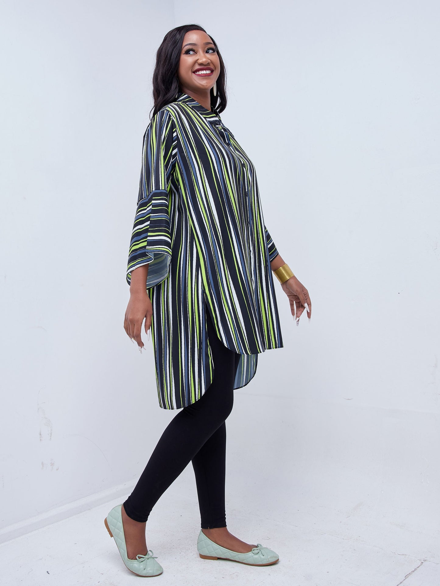 Vivo Mistari 3/4 Flounce Sleeve High Low Tunic Top - Lime Green / Grey Print
