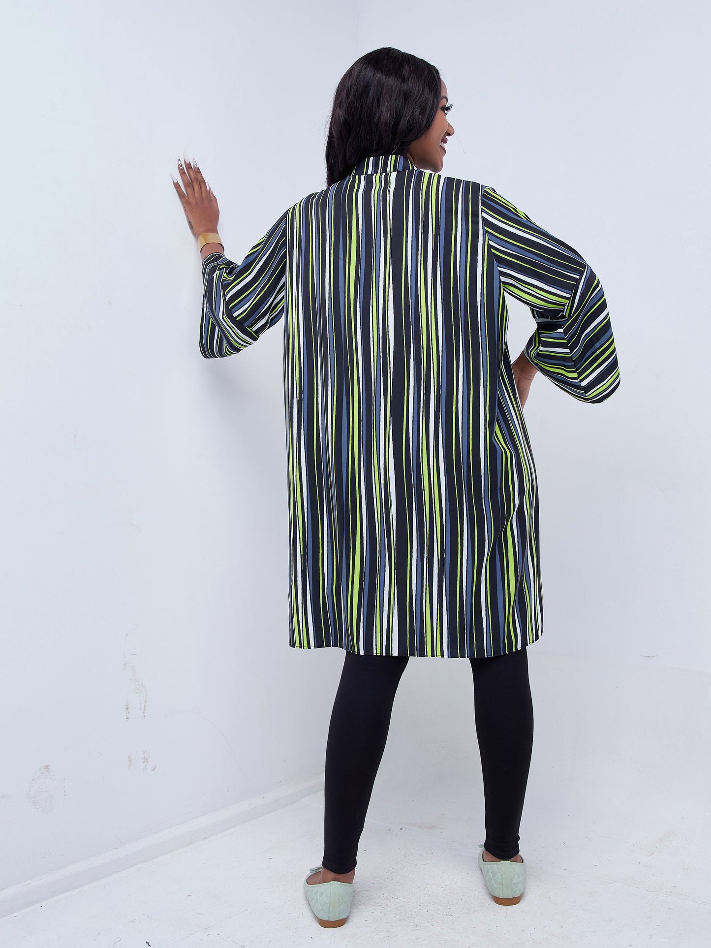 Vivo Mistari 3/4 Flounce Sleeve High Low Tunic Top - Lime Green / Grey Print