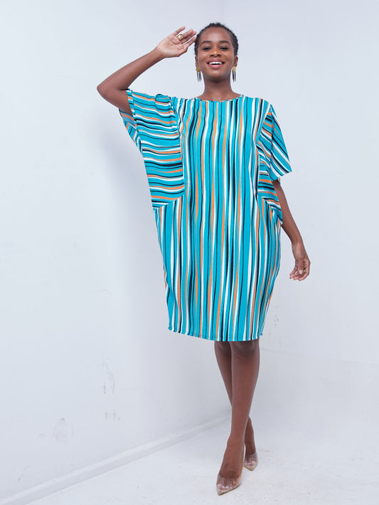 Vivo Mistari Panelled Dolman Knee Length Dress - Blue / Orange Stripe Print