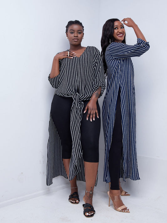 Vivo Mistari 3/4 Sleeve V Neck Side Slit Maxi Top - Navy Blue Print