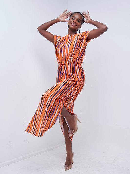 Vivo Mistari Drop Shoulder Scalloped Hem Maxi Dress - Orange / Black Striped Print