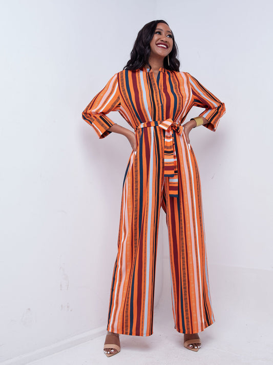Vivo Mistari 3/4 Sleeve V Neck Collared Jumpsuit - Orange / Peach Print