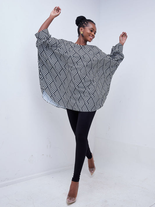 Vivo Mistari Gathered Sleeve Top - Black / White Stripe Print