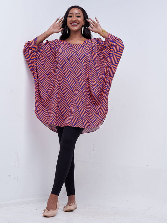 Vivo Mistari Gathered Sleeve Top - Purple / Orange Stripe Print