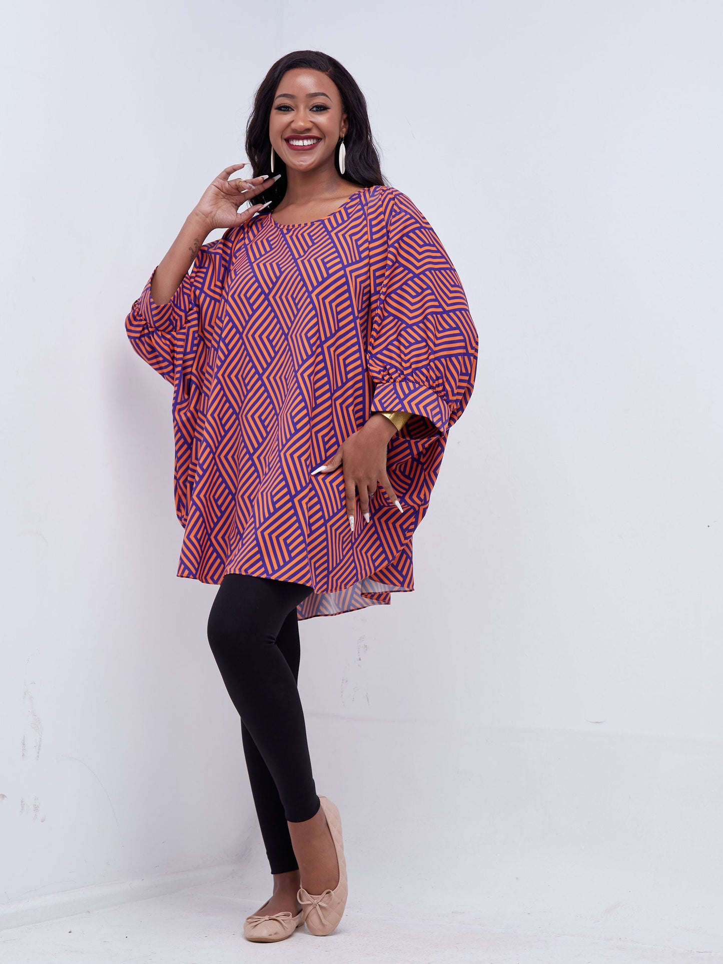 Vivo Mistari Gathered Sleeve Top - Purple / Orange Stripe Print