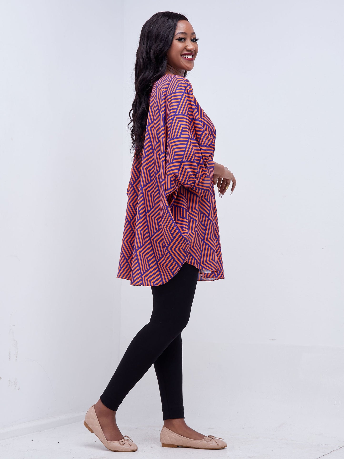 Vivo Mistari Gathered Sleeve Top - Purple / Orange Stripe Print