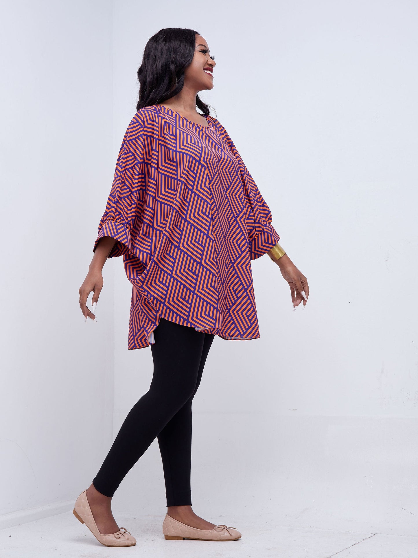 Vivo Mistari Gathered Sleeve Top - Purple / Orange Stripe Print