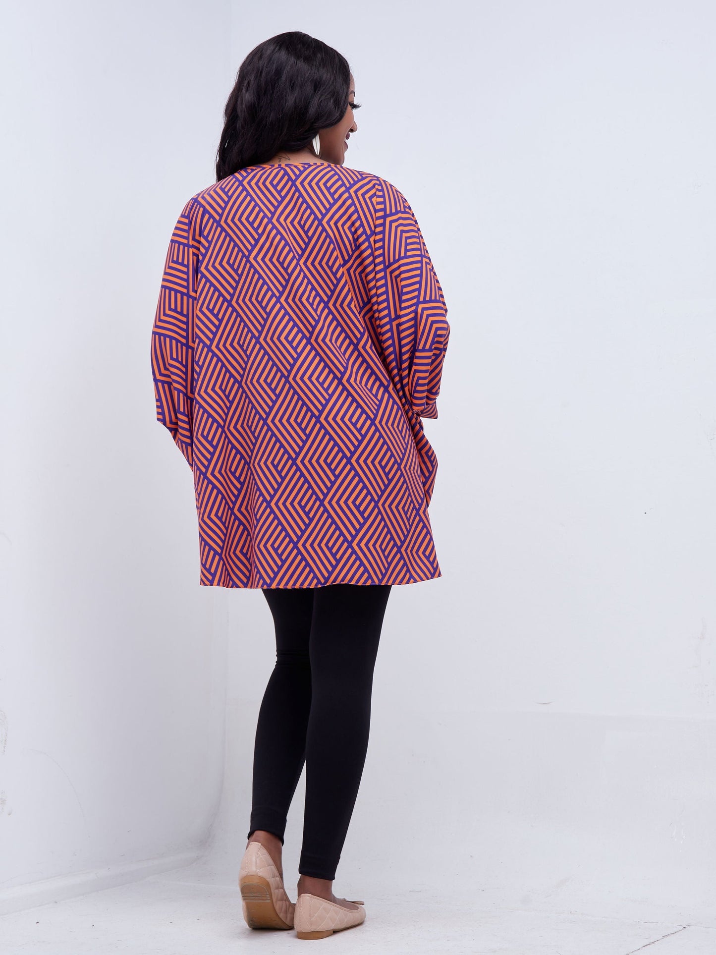 Vivo Mistari Gathered Sleeve Top - Purple / Orange Stripe Print