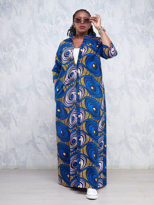 Safari Nimali 3/4 Sleeve Maxi Dress - Purple / Blue Ankara Print