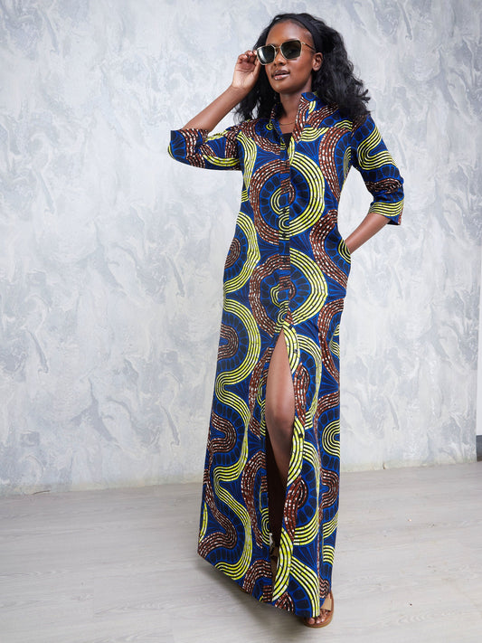 Safari Nimali 3/4 Sleeve Maxi Dress - Blue / Yellow Ankara Print