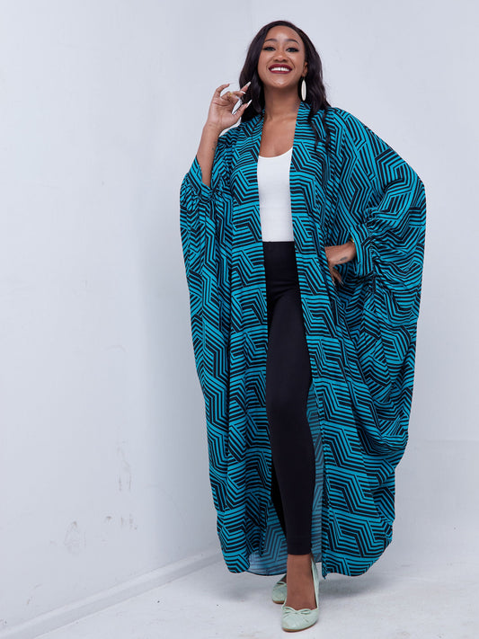 Vivo Mistari Gathered Sleeve Open Kaftan - Blue / Black Print