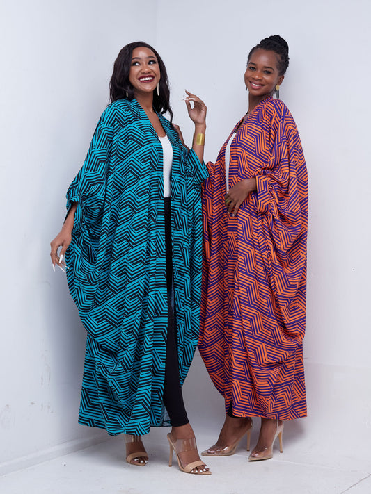 Vivo Mistari Gathered Sleeve Open Kaftan - Orange / Purple Print