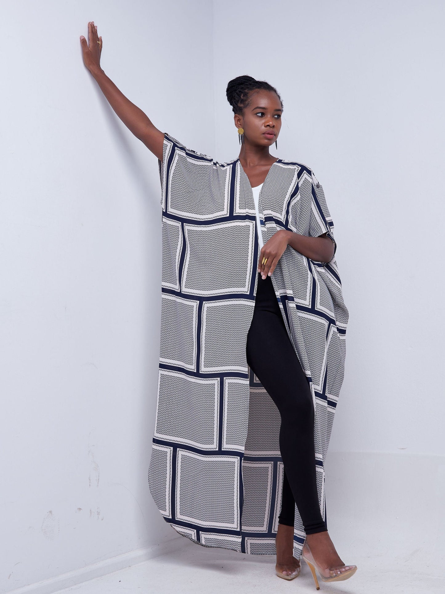 Vivo Mistari Dolman Maxi Kimono - Peach / Navy Blue Abstract Print