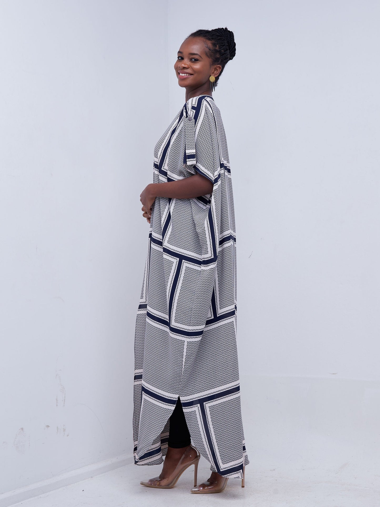 Vivo Mistari Dolman Maxi Kimono - Peach / Navy Blue Abstract Print