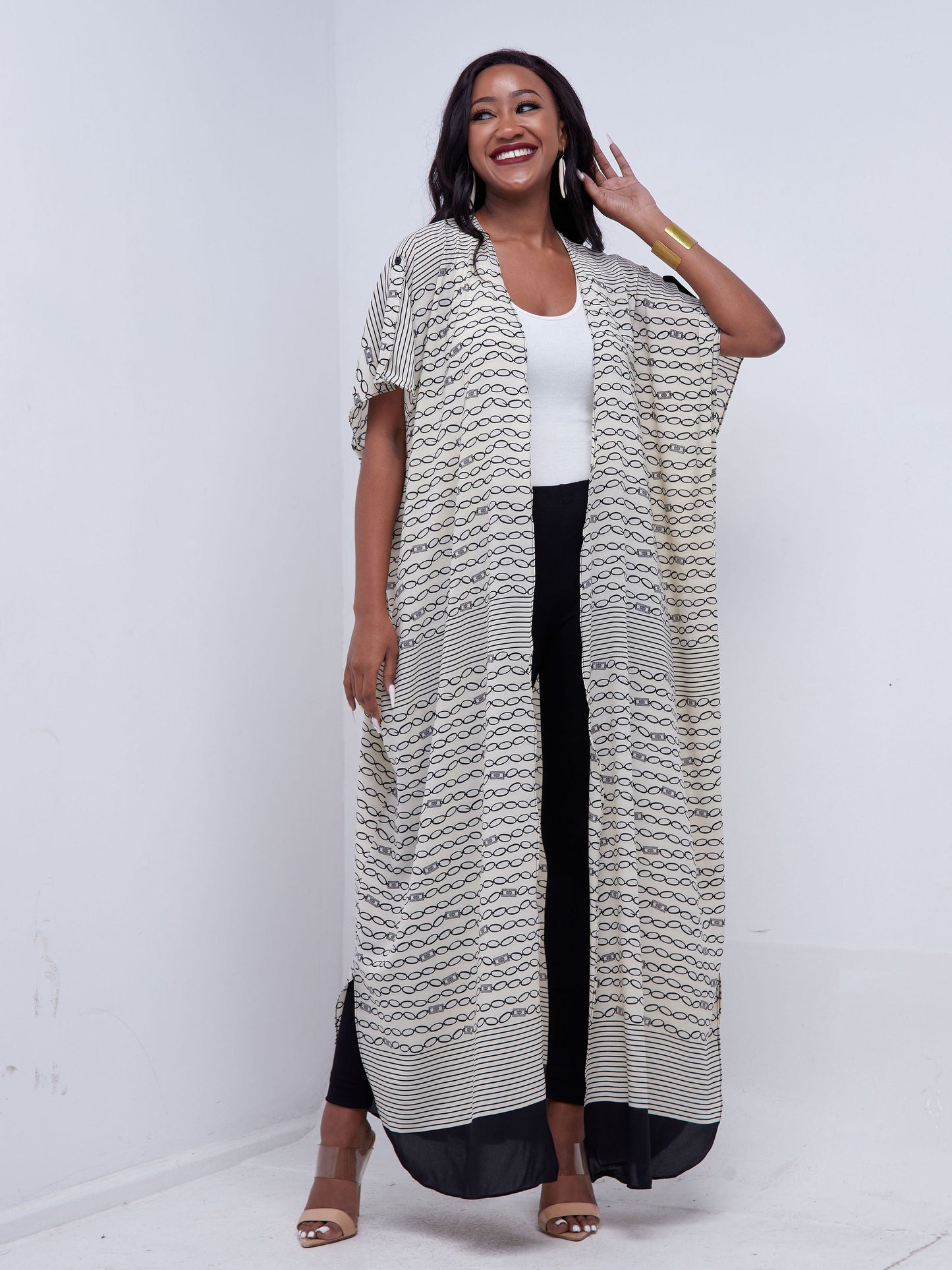 Vivo Mistari Dolman Maxi Kimono - Off White / Black Chain Print