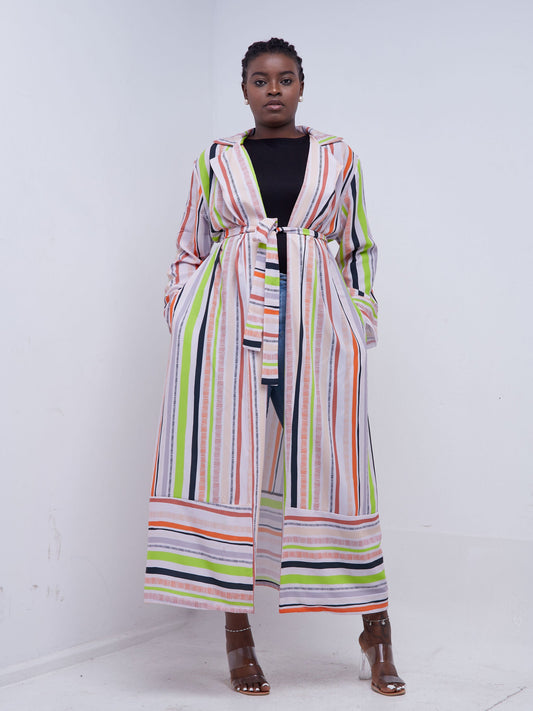 Vivo Mistari Long Sleeve Panelled Kimono - Beige / Orange Print