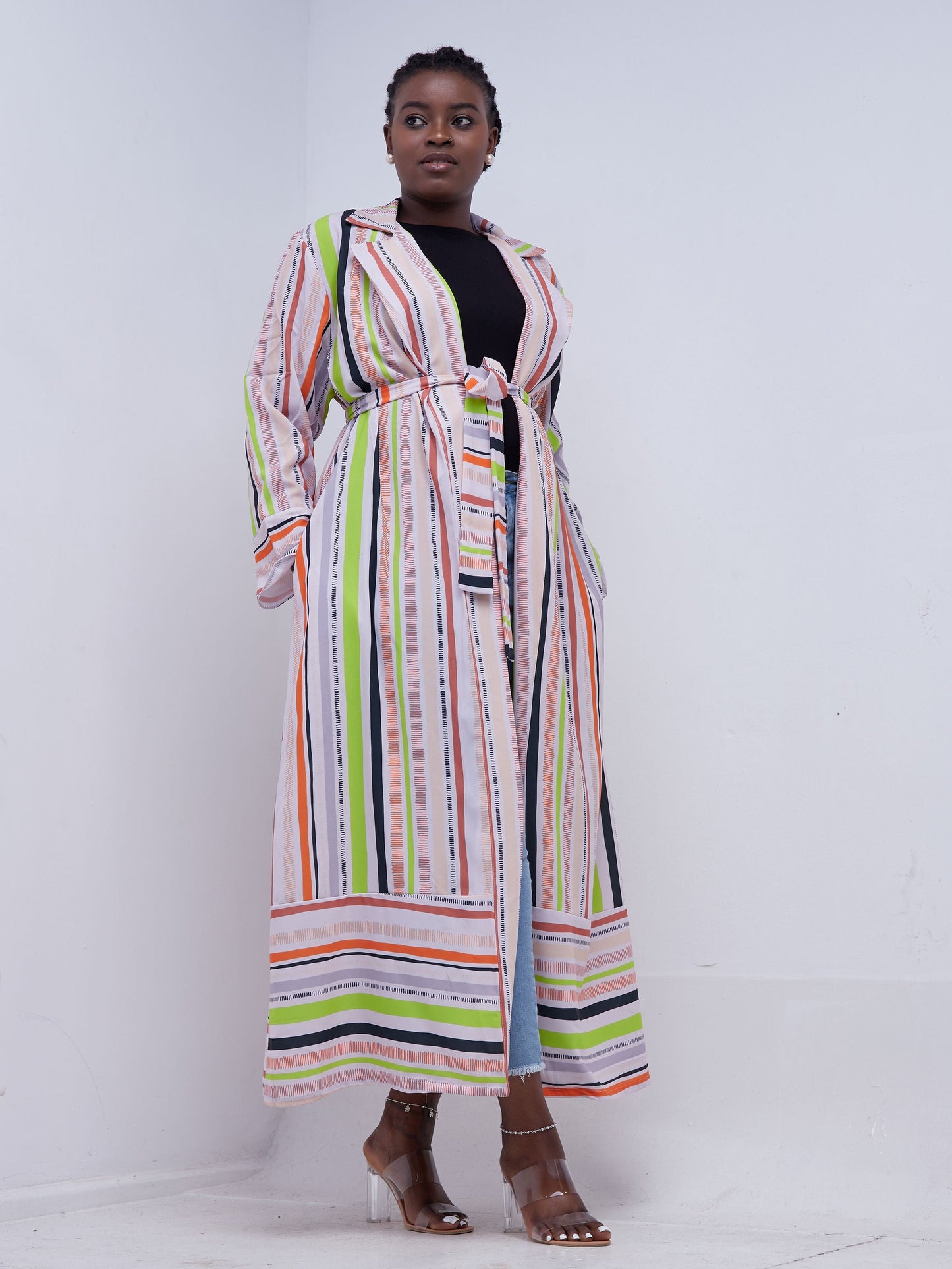 Vivo Mistari Long Sleeve Panelled Kimono - Beige / Orange Print